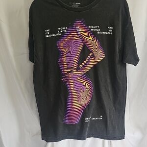 Fashion Nova Black Tee with Purple and Yellow Graphic